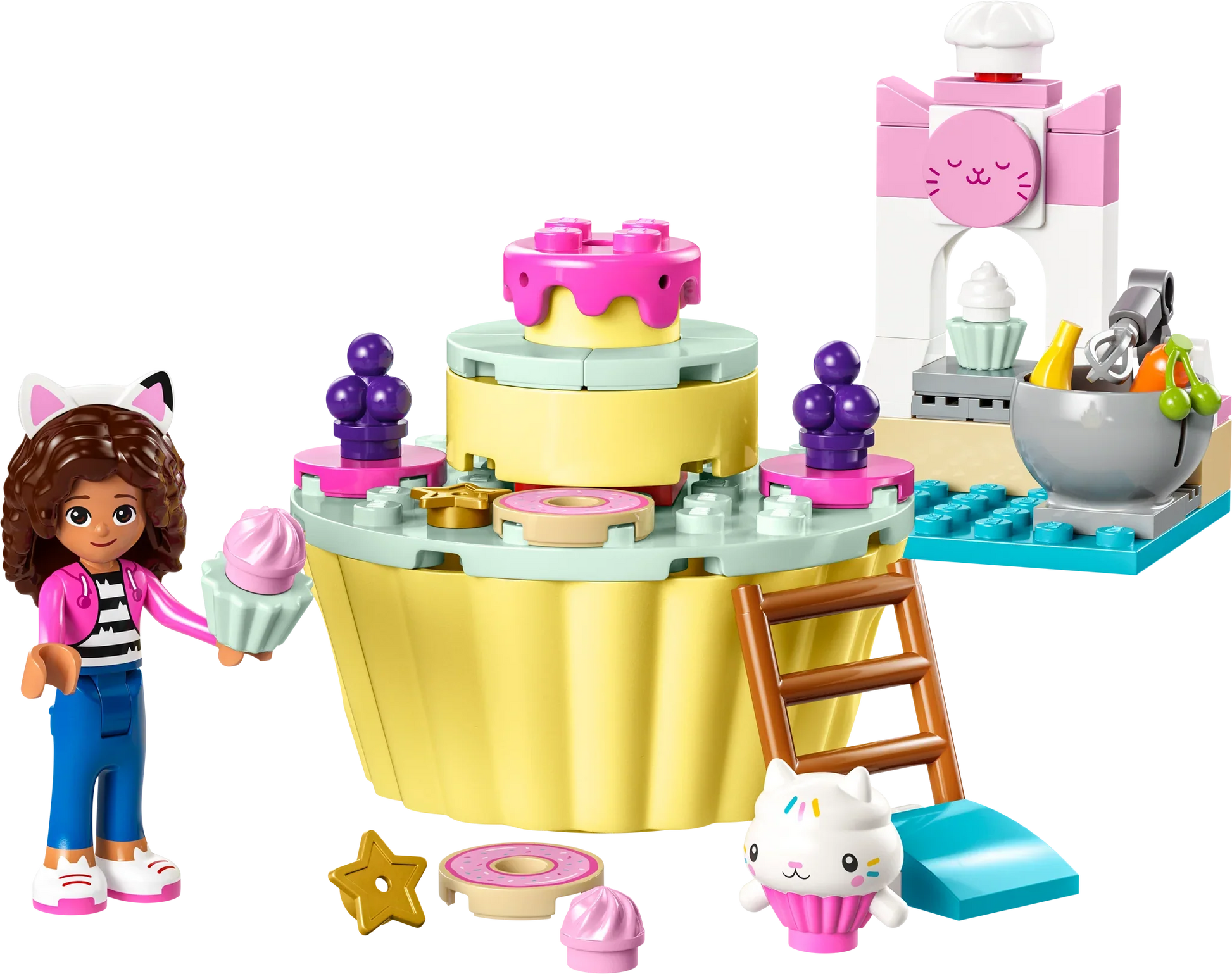 Introducing the LEGO® Bakey with Cakey Fun set from Legos - Toyhouse, featuring a girl with cat ears, a large cupcake, cat-faced accessories, and a small white cat figure. This creative construction building toy set also includes various baking-themed pieces for endless imaginative play.