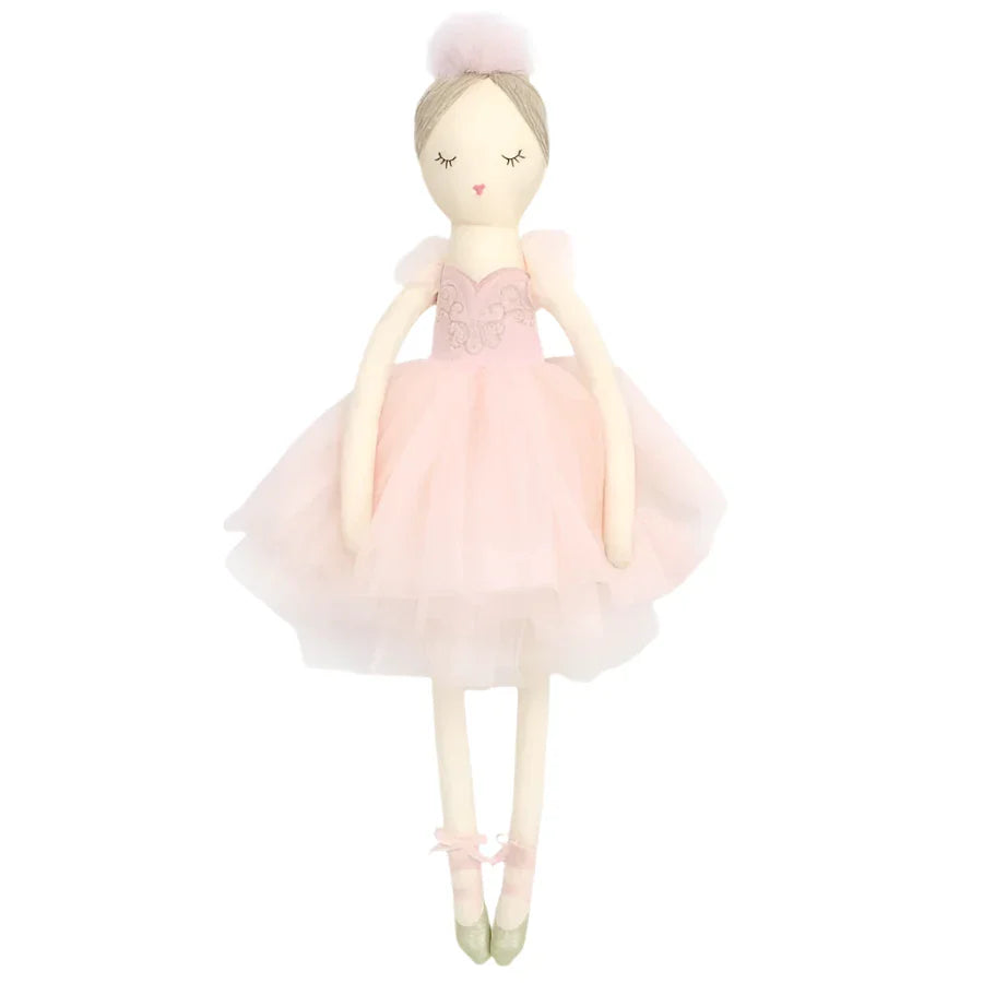 The MON AMI Nina Prima Ballerina - Large by Mon Ami, a soft plush doll dressed in a light pink tutu, ballet shoes, and a pink hair bun, stands against a white background.