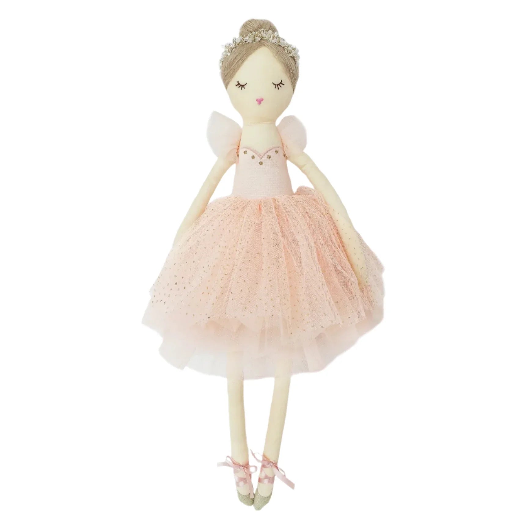 Introducing the MON AMI Belle Ballerina Doll by Mon Ami: a delightful fabric doll featuring a bun hairstyle, adorned in a pink tulle dress with ballet slippers and topped with a small crown.