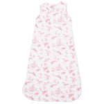 The Angel Dear Baby Sleep Bag is a sleeveless white infant sleep sack made from soft bamboo fabric, featuring a pink toile pattern with scenic and floral designs, shown laid flat against a white background.