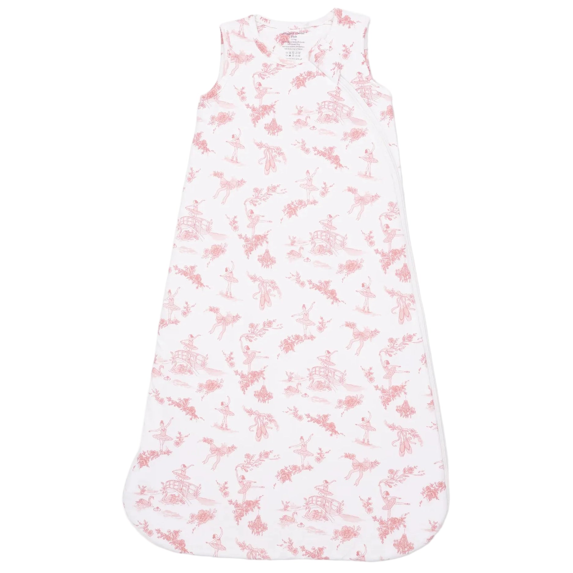 The Angel Dear Baby Sleep Bag is a sleeveless white infant sleep sack made from soft bamboo fabric, featuring a pink toile pattern with scenic and floral designs, shown laid flat against a white background.