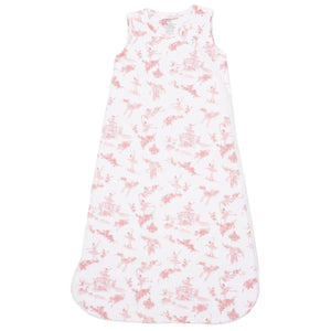 The Angel Dear Baby Sleep Bag is a sleeveless white infant sleep sack made from soft bamboo fabric, featuring a pink toile pattern with scenic and floral designs, shown laid flat against a white background.