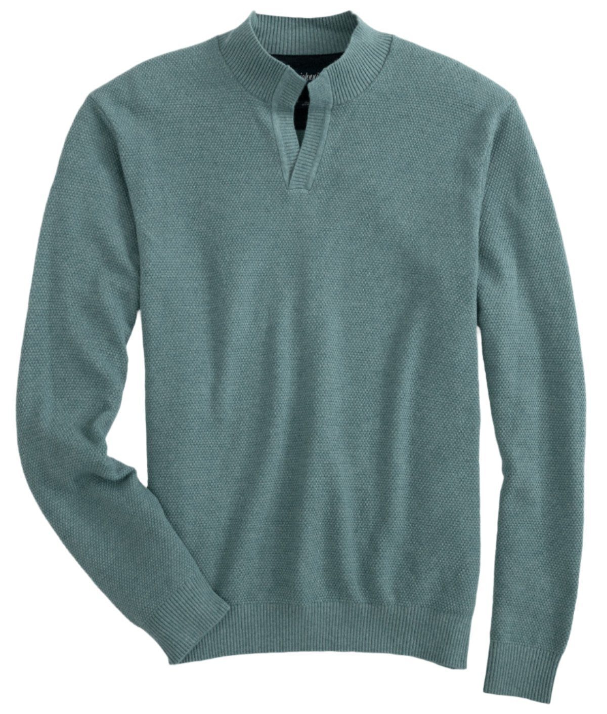 Introducing the Johnnie-O Estaban Quarter Slit Sweater, a stylish teal long-sleeve design from Johnnie-O. It features a Johnny collar with a quarter-zip neckline, complemented by ribbed cuffs and hem.