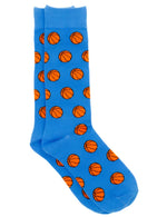 These dress socks from Properly Tied, known as the Lucky Duck Socks, showcase a playful pattern with blue fabric and vibrant orange basketballs.