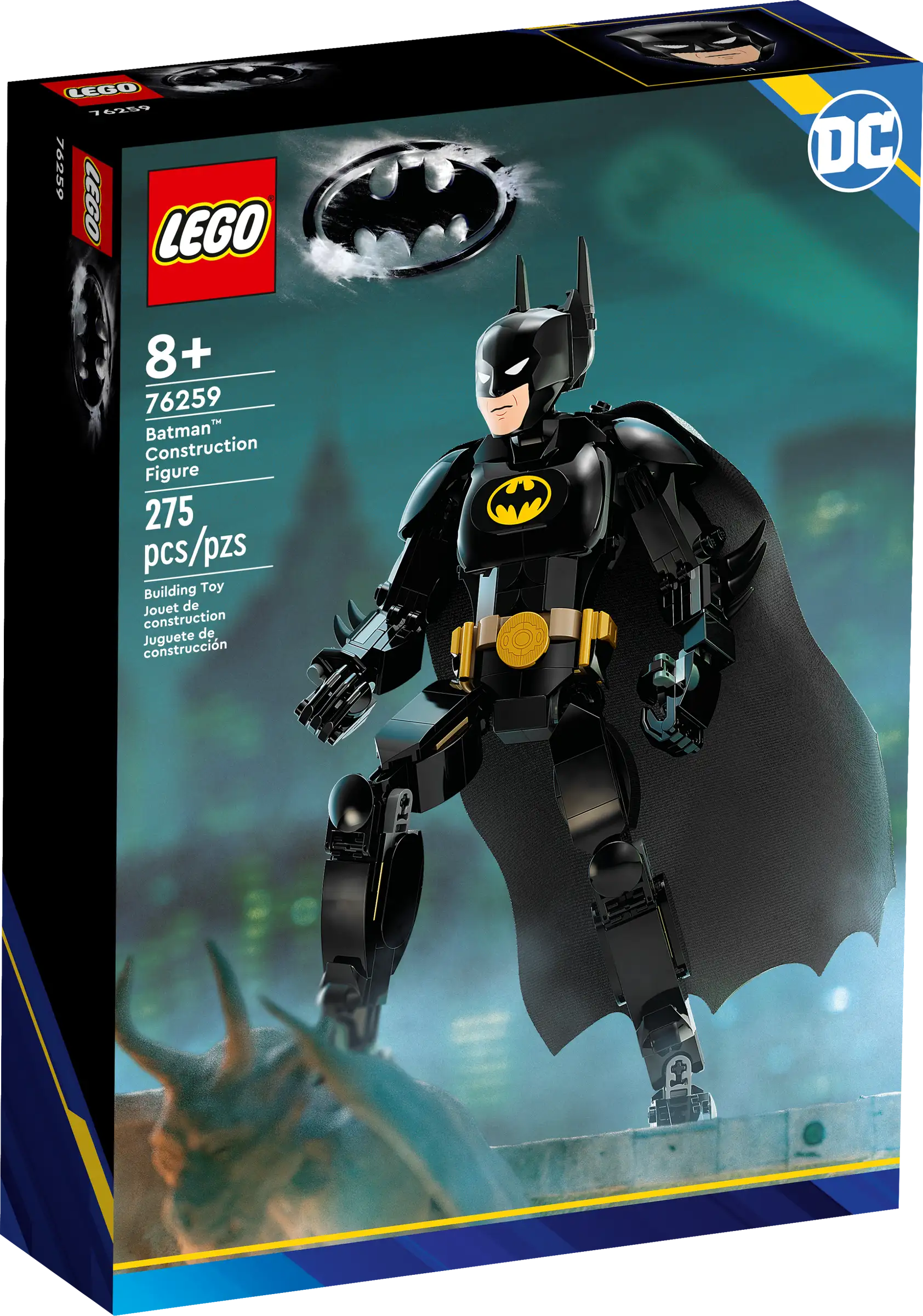 The LEGO® Batman™ Construction Figure set, brought to you by Legos - Toyhouse, is designed for ages 8 and up. With the set number 76259, it contains 275 pieces to construct a detailed LEGO Batman figure complete with a cape and accessories. This engaging building toy is perfect for young fans of the Caped Crusader.