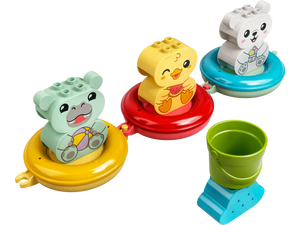 Enhance your child's bath time with the LEGO® DUPLO® Bath Time Fun: Floating Animal Train from Legos - Toyhouse. This delightful set features colorful animal-themed toys on round floating bases, including a green bear, yellow duck, and white rabbit. It also comes with a green stacking cup, making it perfect for both fun and developmental learning.