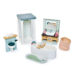 The Tender Leaf Dovetail Bathroom Furniture Set by Tender Leaf Toys is ideal for 1:12 scale wooden dollhouses and includes a shower, sink, toilet, and bathtub. It also features charming accessories such as a toothbrush, toothpaste, soap, toilet paper, and a wicker basket.