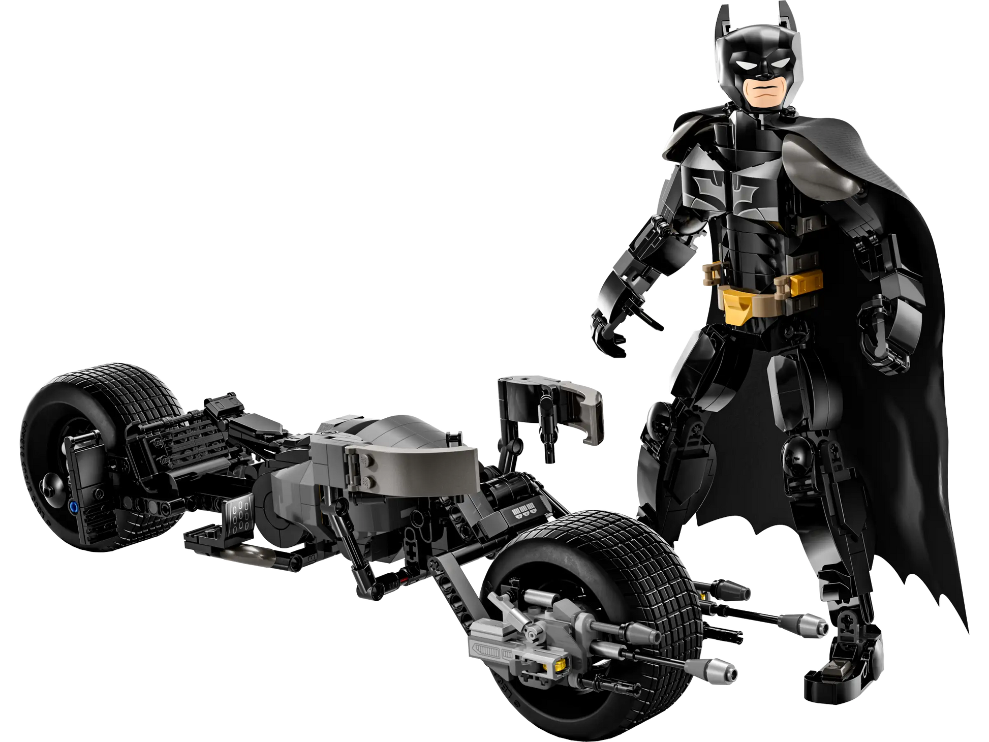 The LEGO® DC Batman™ Construction Figure from Legos - Toyhouse, featuring a black cape, is displayed alongside the meticulously crafted Bat-Pod Bike model.