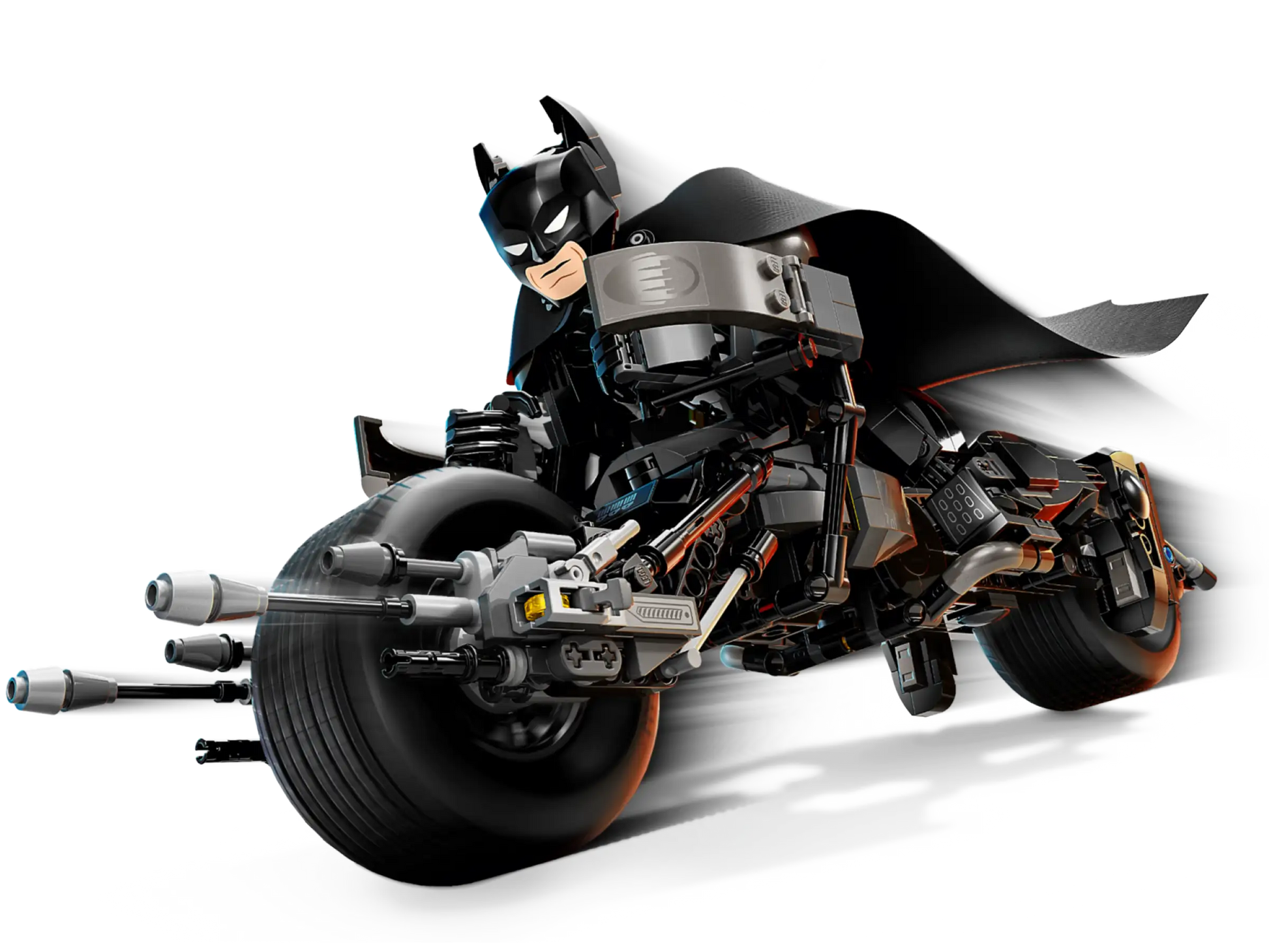 The LEGO® DC Batman™ Construction Figure from Legos - Toyhouse rides a Bat-Pod Bike, showcasing a detailed, futuristic design with side-mounted guns.