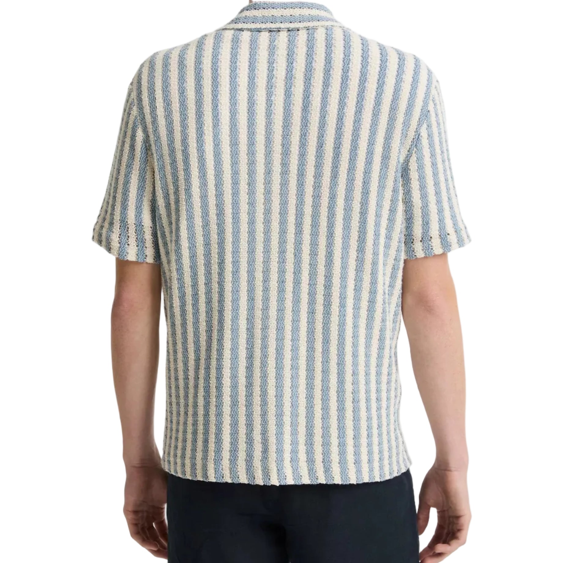 A person shown from the back wears the vince Playa Stripe Shortsleeve Shirt, featuring airy Italian cotton-blend fabric and vertical blue and white seaside-inspired stripes.