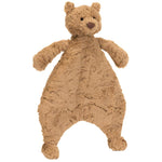 The Jellycat Bartholomew Bear Comforter, by Jellycat, features a brown stuffed bear with a flat, triangular body and floppy limbs on a white background. Made from recycled fibers, it is both an eco-friendly and comforting companion.