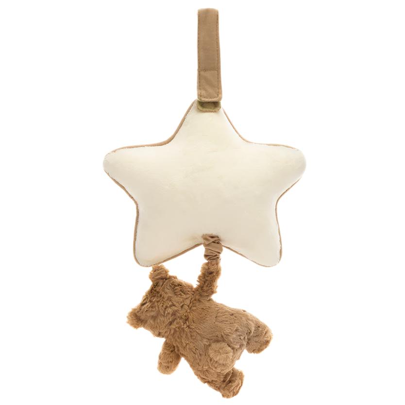 A Jellycat Bartholomew Bear Musical Pull, featuring a plush star-shaped pillow crafted from recycled fibers with a handle at the top and a small brown teddy bear hanging from its bottom.