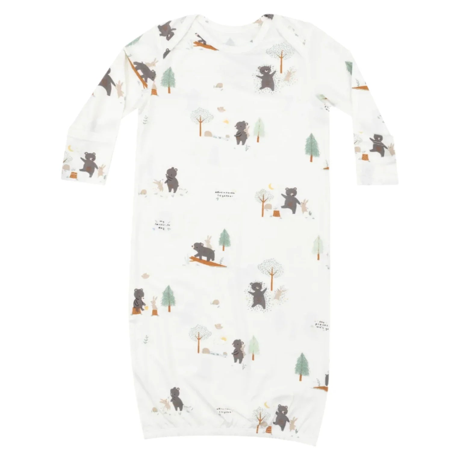 Introducing the Angel Dear Bear and Bunny Adventures Lap Shoulder Gown, featuring a charming forest animal print with black bears and trees on a white background. This gown is expertly designed for quick diaper changes and includes convenient fold-over cuffs.