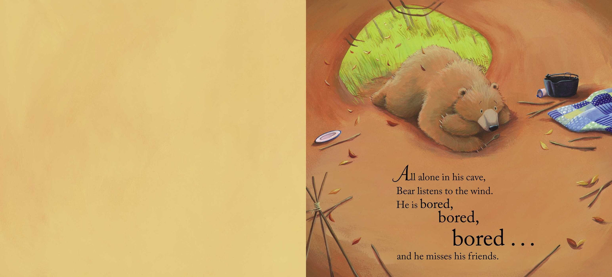 Illustration of a bear lying inside a cave, looking bored. Text on the image reads: "All alone in his cave, Bear listens to the wind. He is bored, bored, bored... and he misses his friends." In Simon & Schuster's playful picture book "Bear Says Thanks," Bear will soon throw a feast to reunite with them.