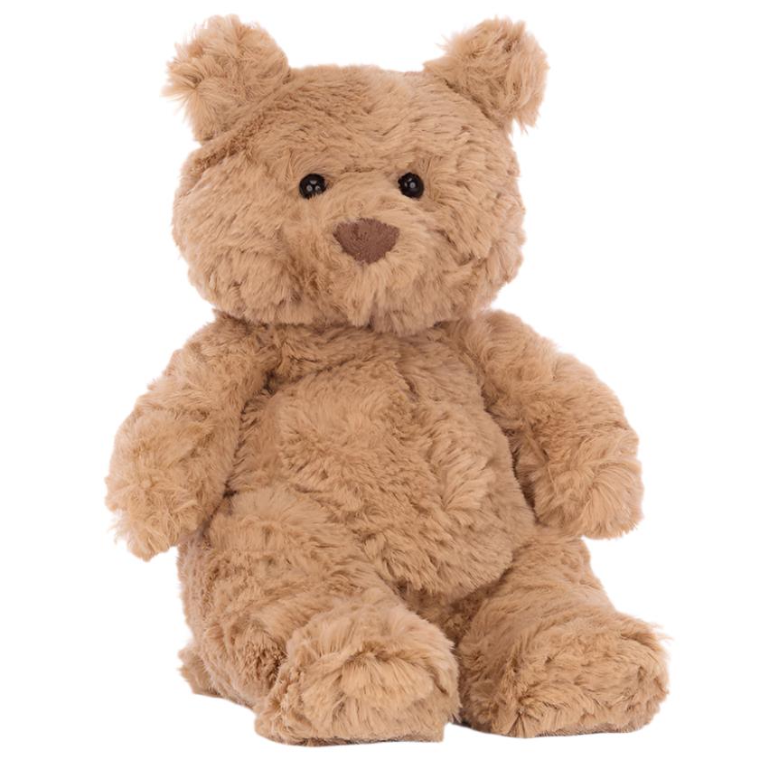 Bartholomew Bear, Tiny by Jellycat is a plush brown teddy bear with a heart-shaped nose and black eyes, sitting upright against a white background.