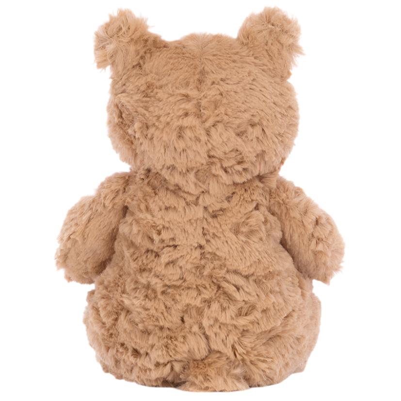A fluffy brown Bartholomew Bear, Tiny by Jellycat is shown from the back, sitting upright with its head and arms visible.