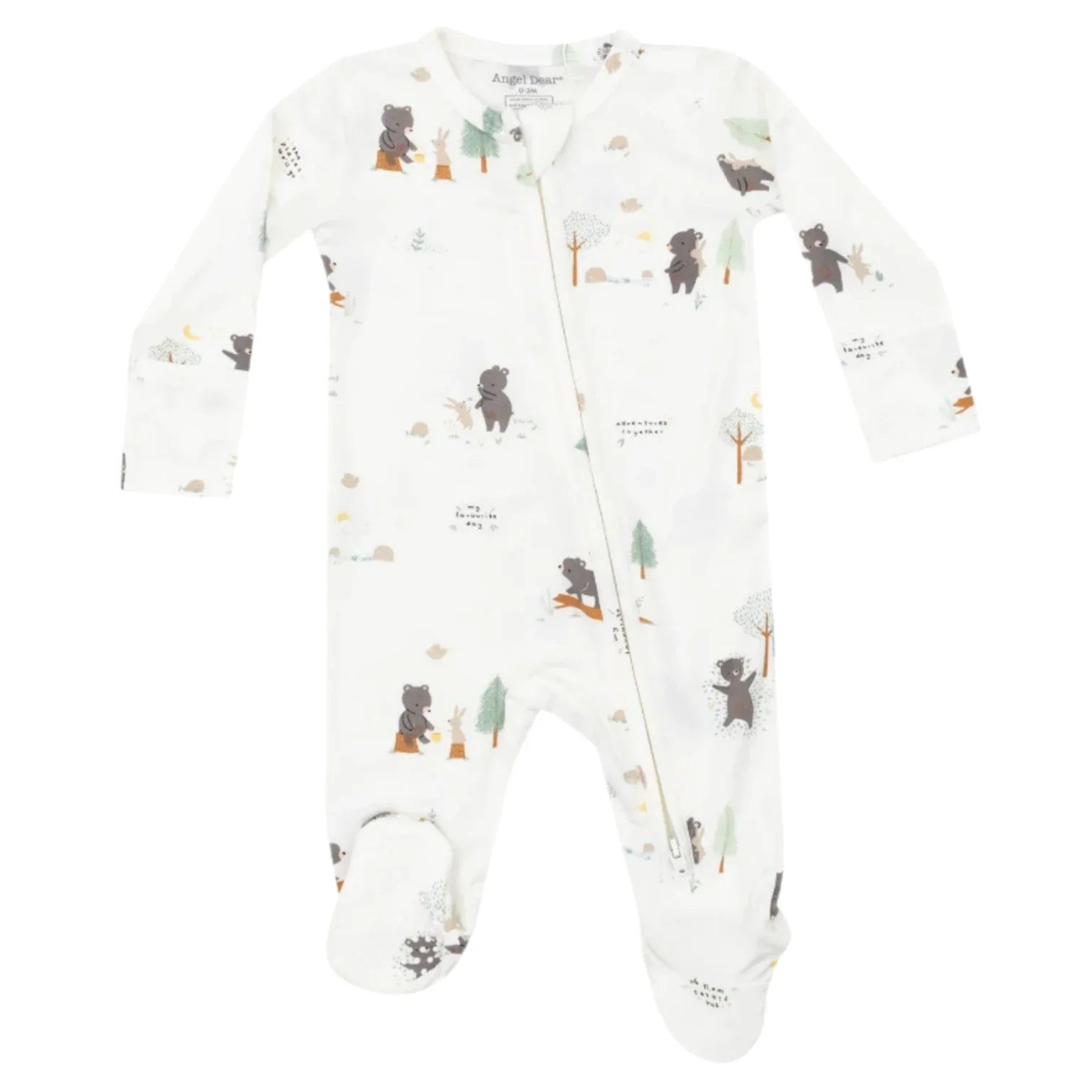 The Angel Dear Bear and Bunny Adventures 2-Way Zip Footie is a white, long-sleeve baby onesie with a convenient zipper. Made from soft bamboo fiber, it features a signature print of bears, trees, and mountains in muted colors for a cozy and stylish look.