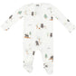 The Angel Dear Bear and Bunny Adventures 2-Way Zip Footie is a white baby onesie made from soft bamboo fiber fabric, featuring a woodland animal print with bears, trees, and rabbits. It includes a zipper footie for easy changes and fold-over cuffs for enhanced comfort.