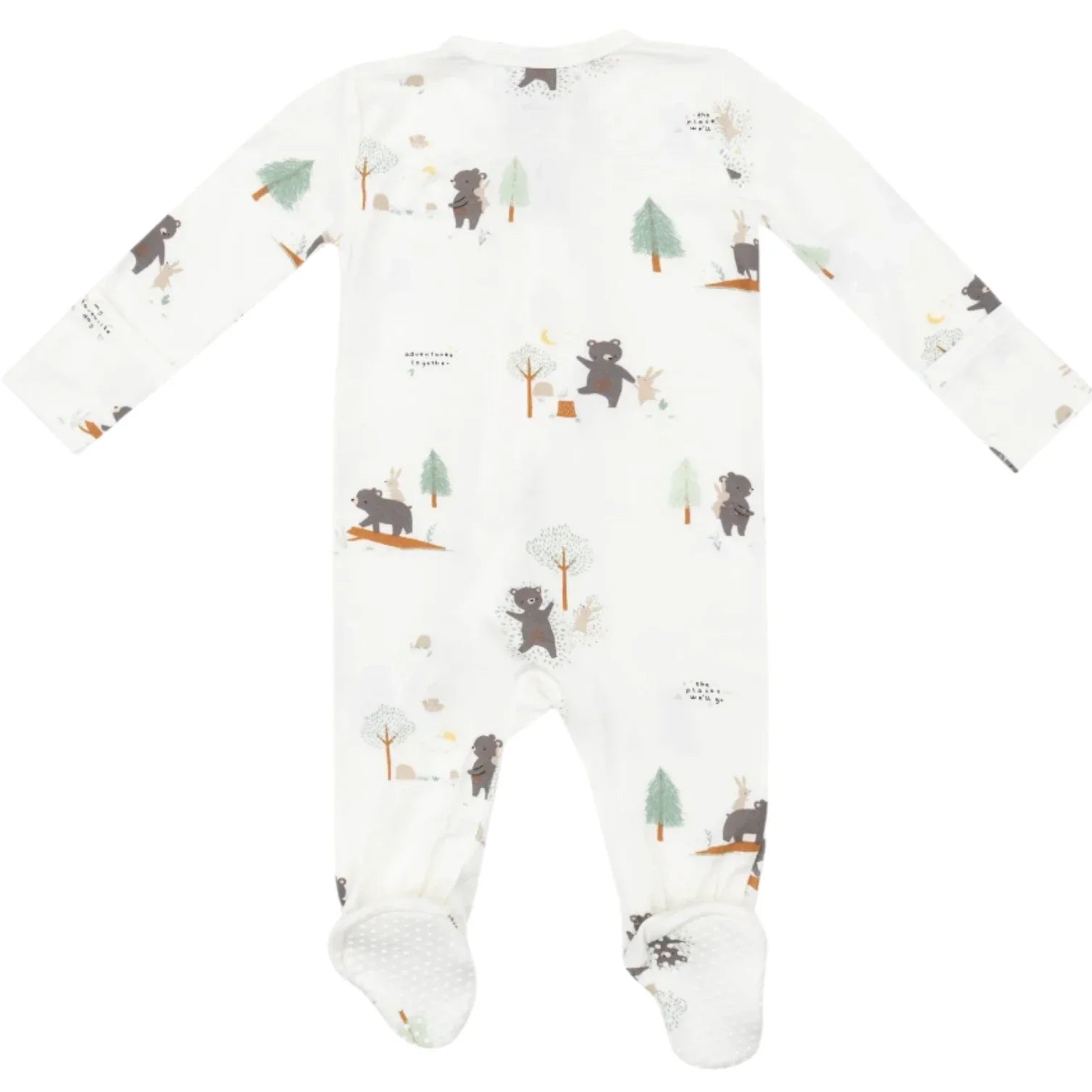 The Angel Dear Bear and Bunny Adventures 2-Way Zip Footie is a white onesie made from soft bamboo fabric, featuring a footed design with our woodland print of bears, trees, and stars.