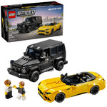 The LEGO® Mercedes-AMG G 63 & Mercedes-AMG SL 63 set features black and yellow car builds, two minifigures, and the box—perfect for fans of LEGO® car building kits.