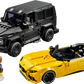 The LEGO® Mercedes-AMG G 63 & Mercedes-AMG SL 63 set includes black SUV and yellow convertible models with two minifigures—ideal for car building kit enthusiasts.