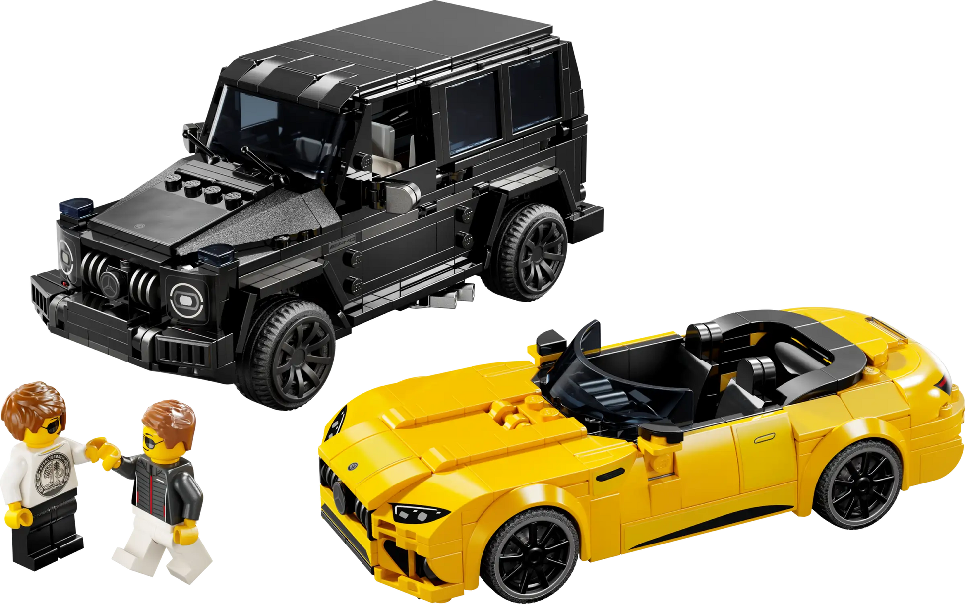The LEGO® Mercedes-AMG G 63 & Mercedes-AMG SL 63 set includes black SUV and yellow convertible models with two minifigures—ideal for car building kit enthusiasts.