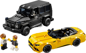 The LEGO® Mercedes-AMG G 63 & Mercedes-AMG SL 63 set includes black SUV and yellow convertible models with two minifigures—ideal for car building kit enthusiasts.