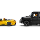 Two LEGO® vehicles—a yellow Mercedes-AMG SL 63 convertible and a black Mercedes-AMG G 63 SUV—are side by side, each with a LEGO® minifigure driver, against a plain background.