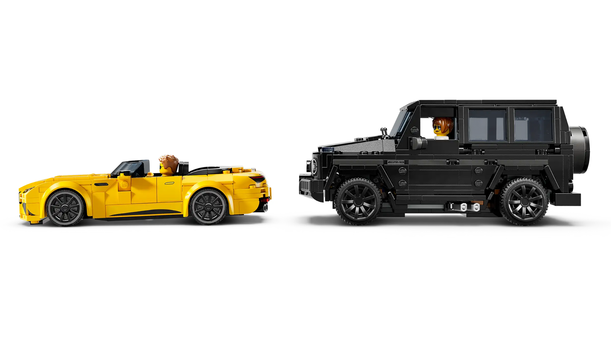 Two LEGO® vehicles—a yellow Mercedes-AMG SL 63 convertible and a black Mercedes-AMG G 63 SUV—are side by side, each with a LEGO® minifigure driver, against a plain background.