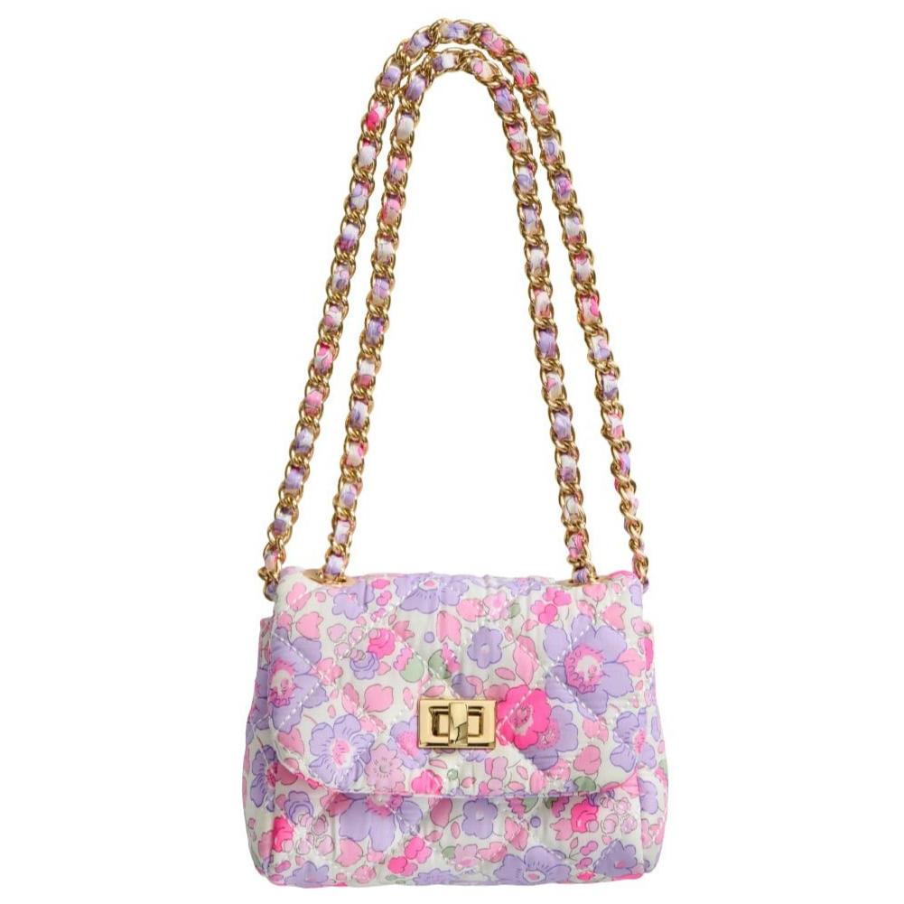 The Milledeux® Small Chain Bag – Liberty Fabric Betsy F / Neon is a beautifully crafted quilted flap bag adorned with a floral pattern, featuring a gold chain strap and a front clasp closure.