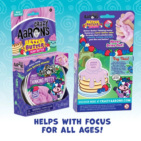 Front and back of Crazy Aaron’s Better Butter - Berry Thinking Putty packaging, showcasing product details, vibrant graphics, and a playful cartoon cow. The text emphasizes its focus-enhancing benefits and berry fragrance for all ages, making it ideal for sensory play.