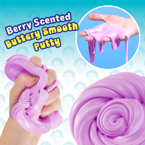 A hand squeezes and stretches light purple Better Butter - Berry Thinking Putty by Crazy Aaron’s. Text reads “Berry Scented Buttery Smooth Putty.” Another image shows the putty oozing between fingers, perfect for sensory play.
