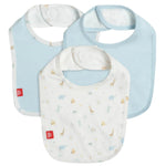 The Magnetic Me Blue Little Bitty Pretty One Bib 3-Pack offers a delightful combination of two light blue bibs and one white bib, all showcasing adorable animal prints and crafted from TENCEL™ modal for superior absorbency.