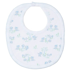 The Kissy Kissy Forest Fun Printed Bib by Kissy Kissy is made from soft Pima cotton and adorned with a charming print featuring blue and green cartoon animals and plants.