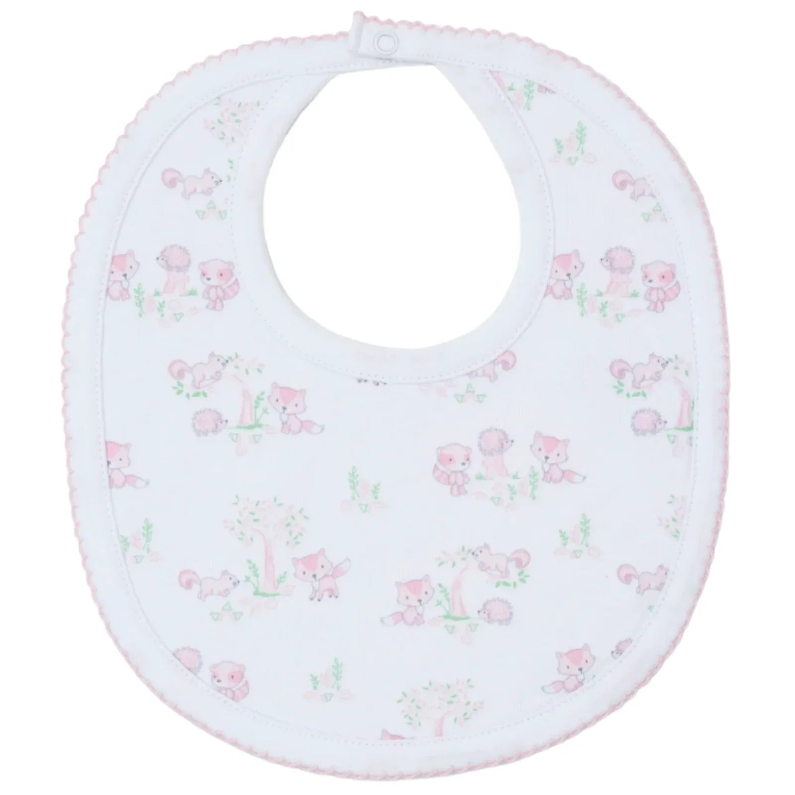 The Kissy Kissy Forest Fun Printed Bib showcases charming animals and plants in a delightful design, accented with pink edges and made from soft Pima cotton.