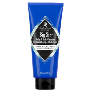 A blue tube of Jack Black's Big Sir Body & Hair Cleanser with a black cap contains 295 ml (10 oz) and features English and French text. Enjoy a revitalizing shower experience infused with Bergamot essence for both your body and hair.