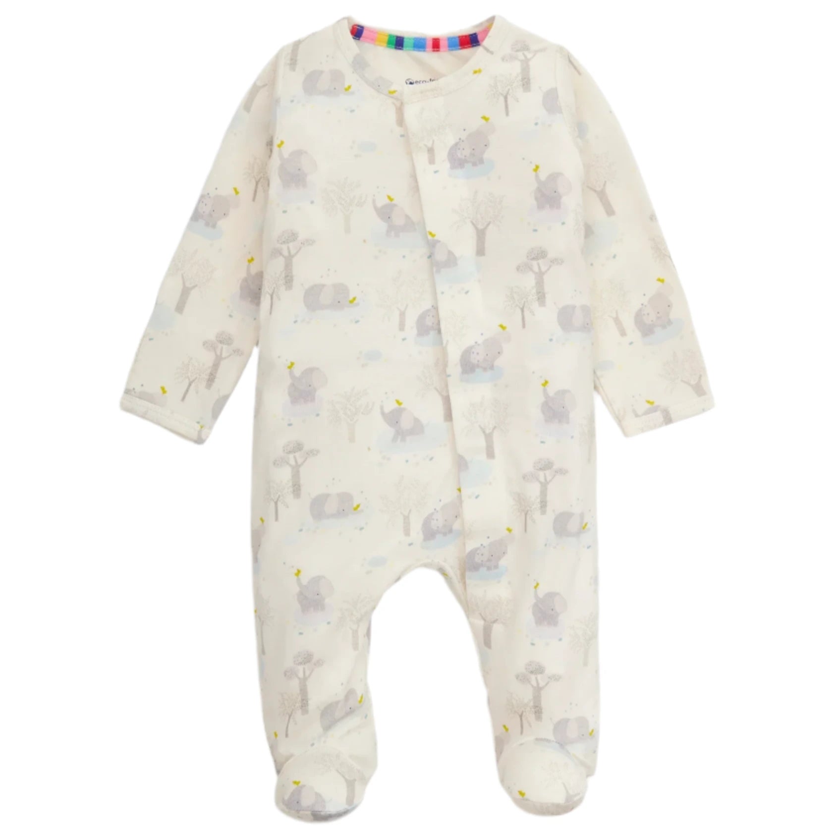 The Magnetic Me Baby Modal Footie is a cream, long-sleeve onesie made from eco-friendly TENCEL™ modal, featuring a subtle animal and tree print, snap buttons, and covered feet.