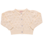 The Girls' Connie Sweater by Pink Chicken is a cream-colored, long-sleeve sweater with a heart-shaped pointelle pattern and glitter button front closure.