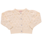 The Girls' Connie Sweater by Pink Chicken is a cream-colored, long-sleeve sweater with a heart-shaped pointelle pattern and glitter button front closure.