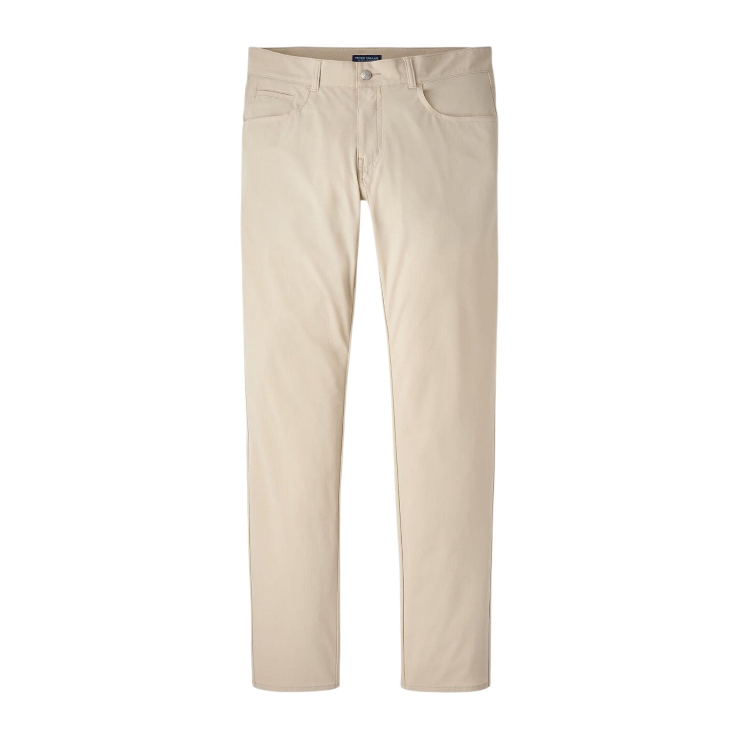 The Bingham Performance Five-Pocket Pant by Peter Millar is a pair of beige slim-fit pants with front and back pockets, crafted from Italian knit fabric for a refined look, and shown against a white background.