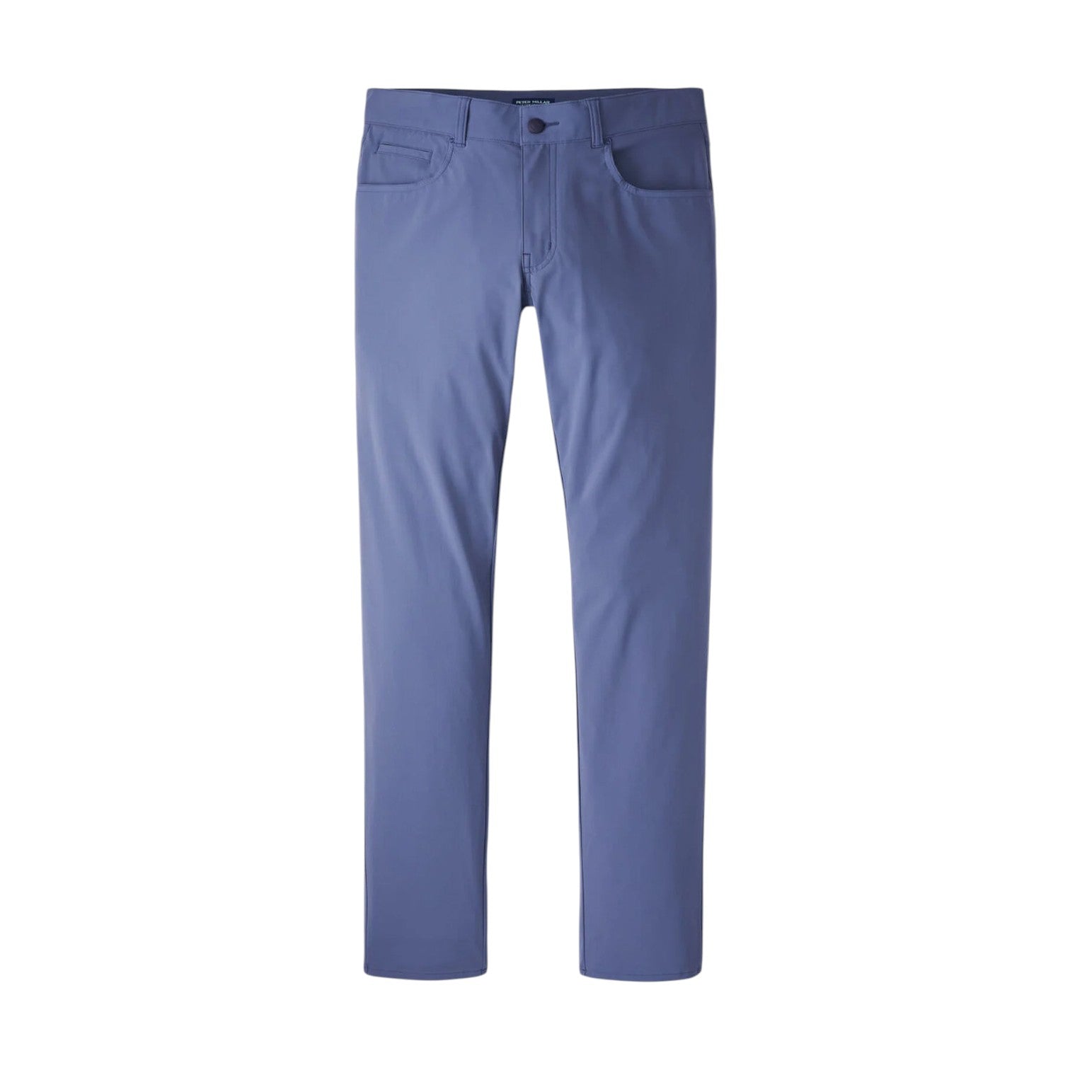The Peter Millar Bingham Performance Five-Pocket Pant features a straight-leg fit in light blue Italian knit fabric with front and back pockets, button closure, and belt loops, shown against a white background.