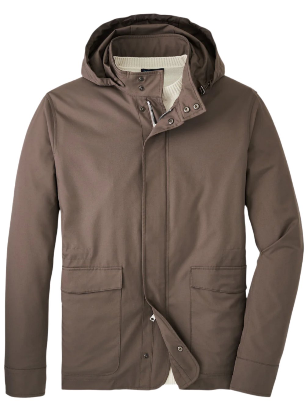 Peter Millar Discovery Field Jacket by Peter Millar, a brown hooded travel jacket featuring front buttons and two large pockets, expertly crafted from performance twill and displayed against a white background.