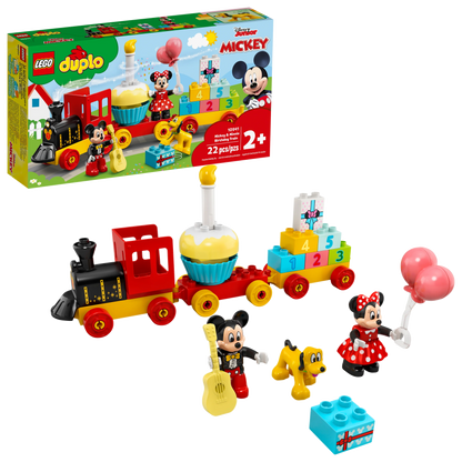 The LEGO® Mickey & Minnie Birthday Train by Legos - Toyhouse is a charming Disney-themed playset for preschoolers, featuring number bricks. This set includes 22 pieces, such as a train, cupcake, balloons, Mickey and Minnie figures, and Pluto. It's perfect for children aged 2 and up. The box and assembled pieces are also displayed.