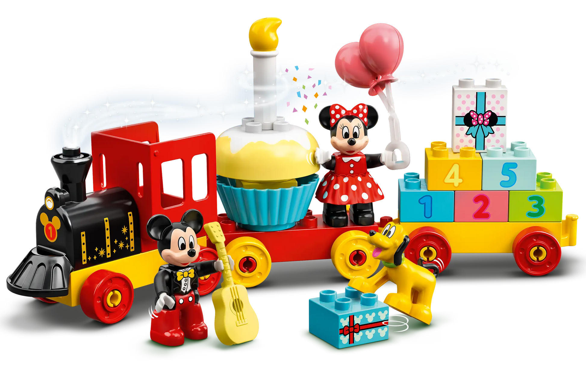 The LEGO® Mickey & Minnie Birthday Train playset by Legos - Toyhouse includes beloved figures of Mickey and Minnie Mouse, a cupcake, gift number bricks, vibrant balloons, and a small Pluto figure—ideal for preschoolers to enjoy endless imaginative adventures.