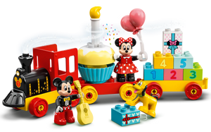 The LEGO® Mickey & Minnie Birthday Train playset by Legos - Toyhouse includes beloved figures of Mickey and Minnie Mouse, a cupcake, gift number bricks, vibrant balloons, and a small Pluto figure—ideal for preschoolers to enjoy endless imaginative adventures.