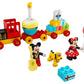 The LEGO® Mickey & Minnie Birthday Train from Legos - Toyhouse is a play set for preschoolers that features characters in red outfits, a cupcake, numbered bricks, colorful balloons, a guitar, and a small block wrapped as a gift.