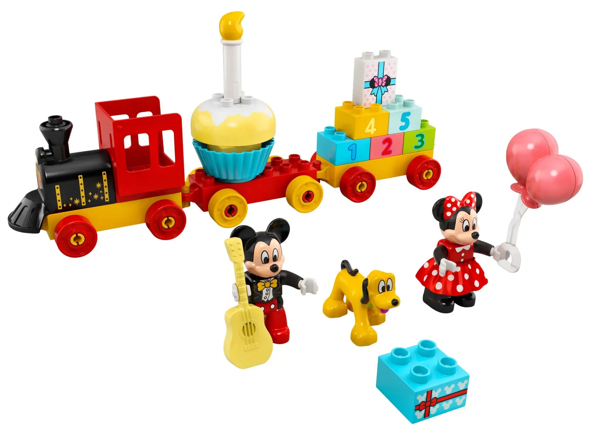 The LEGO® Mickey & Minnie Birthday Train from Legos - Toyhouse is a play set for preschoolers that features characters in red outfits, a cupcake, numbered bricks, colorful balloons, a guitar, and a small block wrapped as a gift.