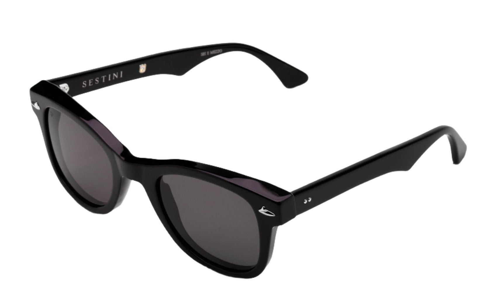 The Sestini Dieci Sunglasses by Sestini boast a sleek black finish with dark lenses and a modern design, ideal for individuals who value sustainable fashion.