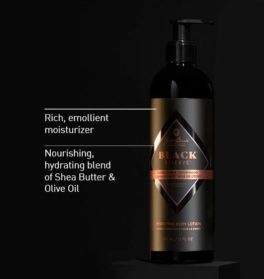 Sleek black bottle of Jack Black’s Black Reserve Hydrating Body Lotion, featuring a masculine moisturizer formula enriched with shea butter and olive oil, displayed against a sophisticated black background.