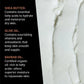 Close-up of a creamy, white texture with text highlighting the skin benefits of shea butter, olive oil, and baobab oil—an ultra-nourishing blend in Jack Black’s Black Reserve Hydrating Body Lotion, perfect as a masculine moisturizer.